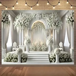 Elegant White Floral Arch Backdrop Wedding Garden Style Tapestry Wall Hanging, Floral Photography Background, Premium Polyester Decorative Banner for Ceremony Decor, Reception Venue, Photo Booth, Indoor Outdoor Celebration