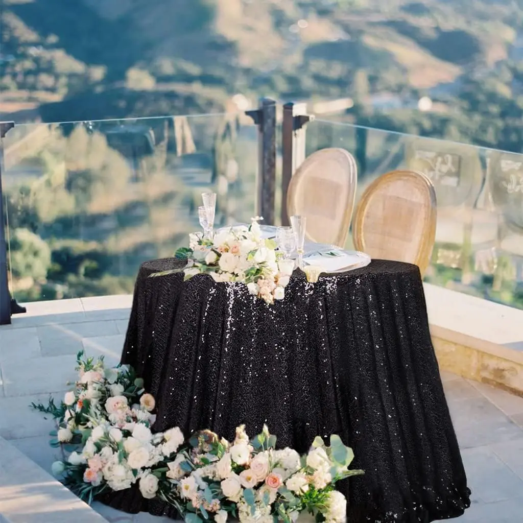 ShinyBeauty Sparkling Black Sequin Tablecloth 90 Inch Round Glitter Table Cover for Wedding Decoration,Halloween/Cocktail Party