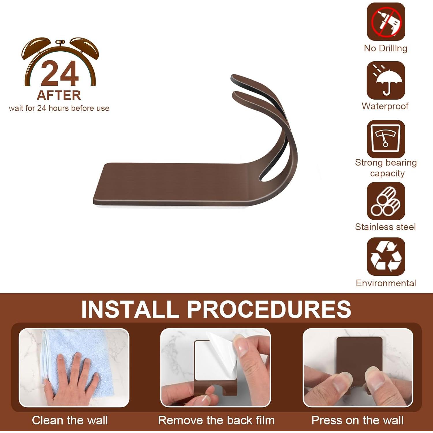 4 Pack Shower Hooks - Self Adhesive  Holder Hanger for Bathroom,  Free Wall Hooks for Razor, Loofah Sponge - Brown