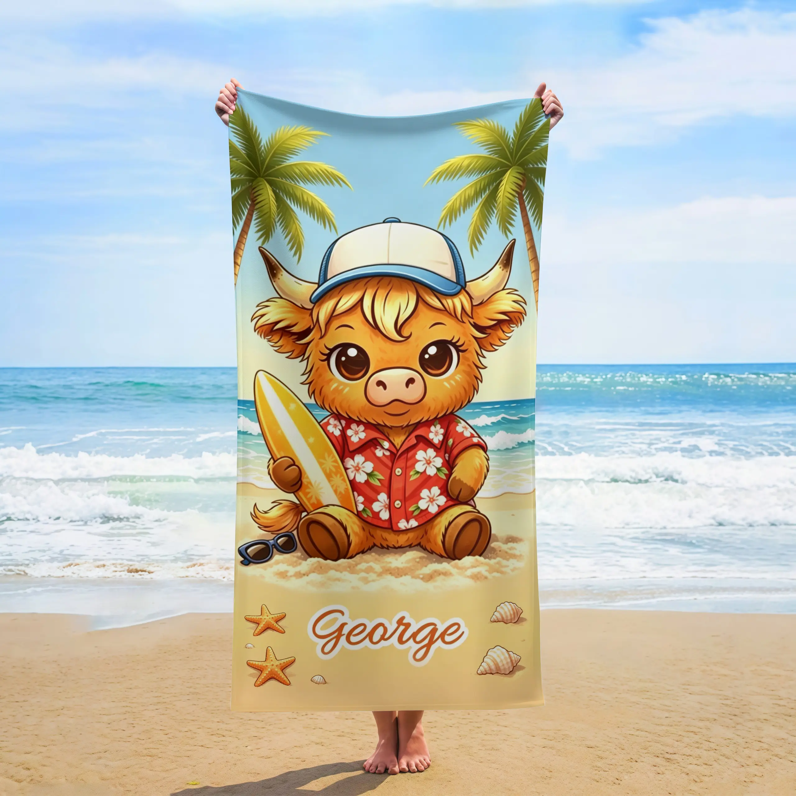 Custom Name Personalized Bath Towel - Cute George Highland Cow in Hawaiian Floral Shirt, Surfboard, Palm Tree Beach Print - Ideal for Summer Seaside Swimming, Camping, Birthday Gifts