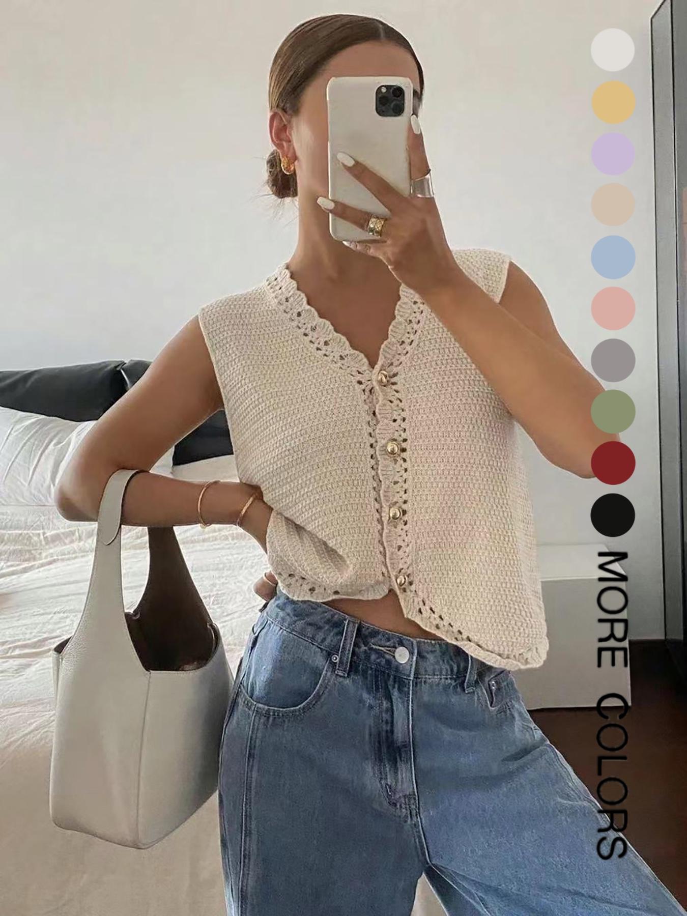 Women's Plain Button Front Cardigan, Casual Basic Fitted Crochet Knitted Cardigan for Summer, Fashion Women's Sleeveless Knitwear for Daily Wear, Vneck Womenswear, Knitted Tops