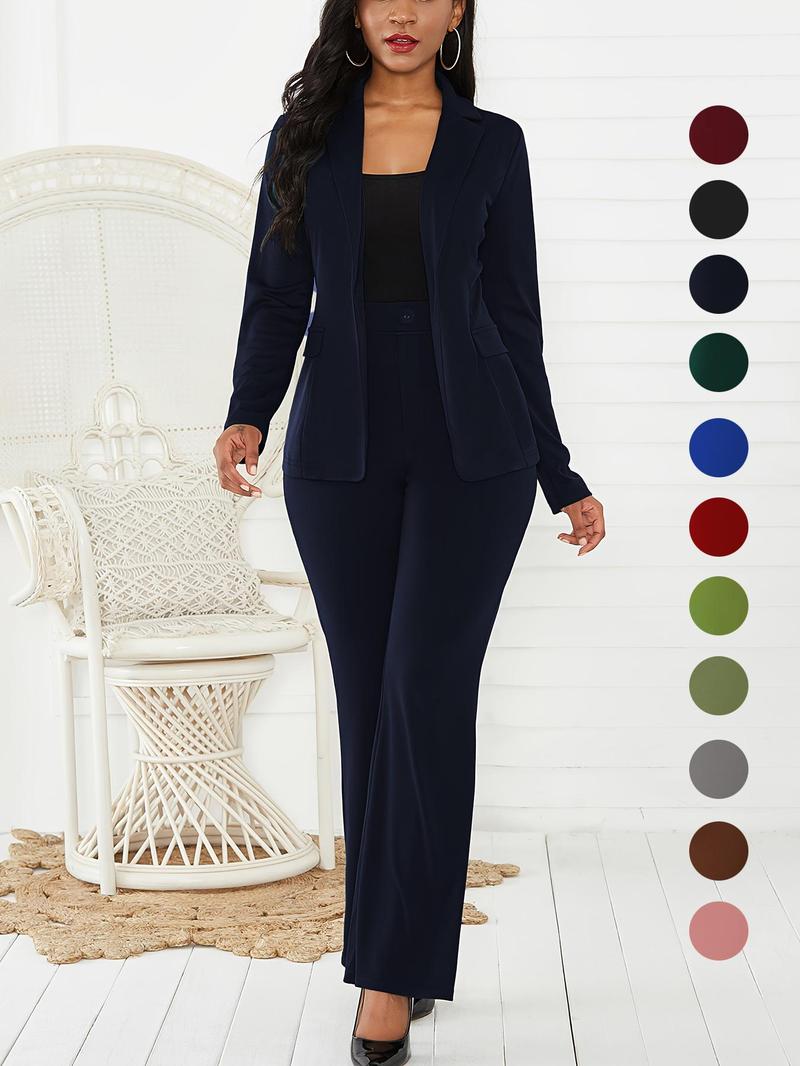 Women's Two-Piece Set Plain Button Lapel Blazer & Suit Pants, Elegant Business Casual Long Sleeve Outerwear & Trousers for Daily Outdoor Wear, Women's Clothing for All Seasons