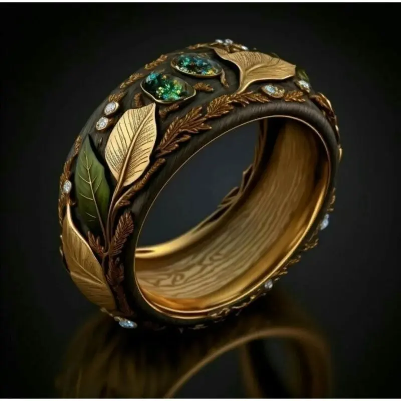 Women's Retro Leafy Gold Statement Rings - Forest Theme Nature-Themed Crystal Accents Metal-Coated Bohemian Fashion Jewelry for Party Wear, Fingerrings, Boho Statement Ring, Exquisite Trendy Ring