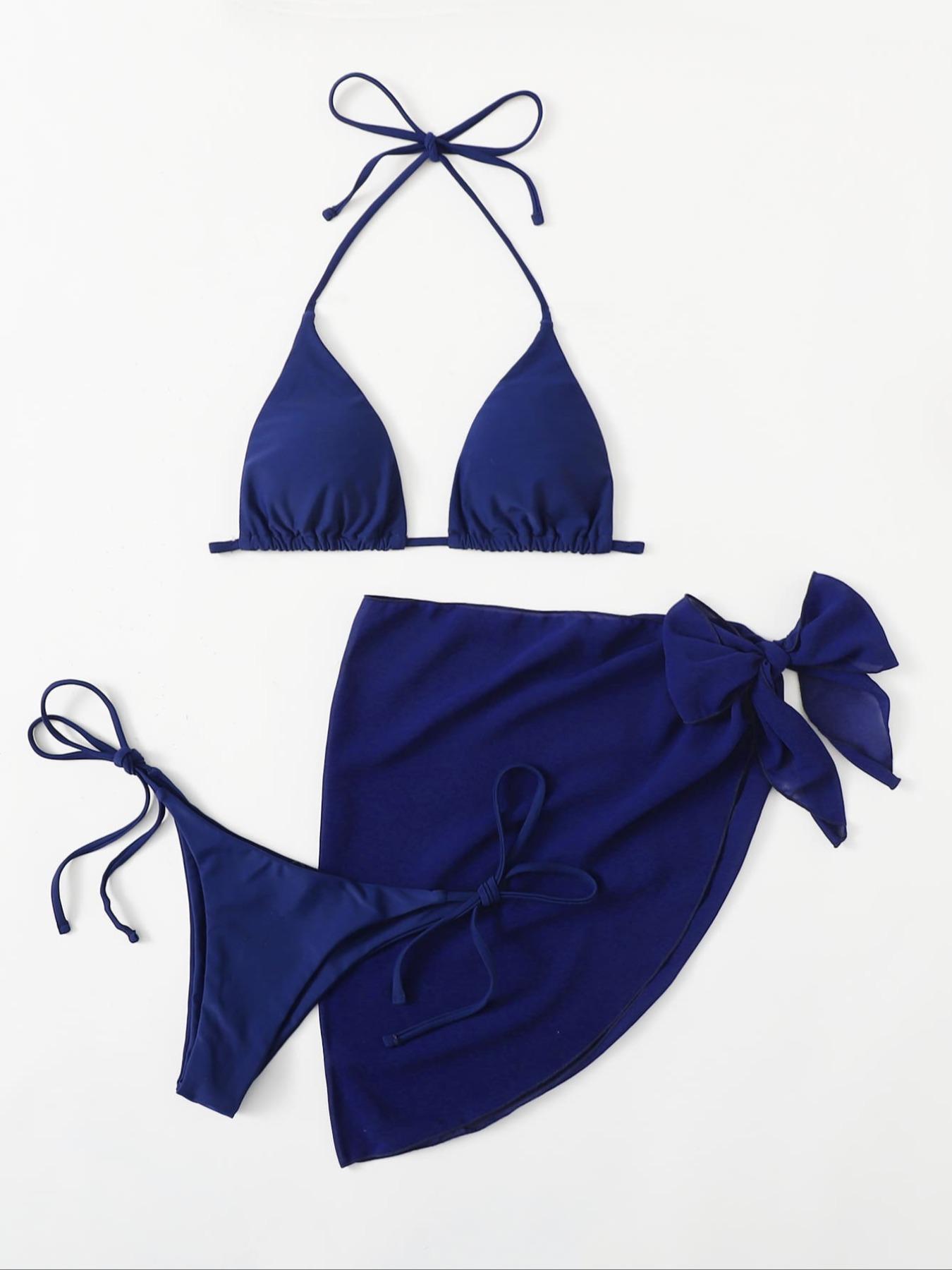 Three-Piece Set Women's Solid Bikinis Set,  Casual Padded Triangle Halter Swim Top & Tie Side Swim Bottom & Cover Up Skirt Set for Beach Holiday Vacation, Summer Outfits 2026, Plain Bikini Set