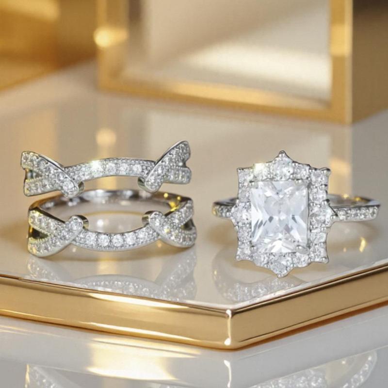 2-Piece Princess-Style Shiny Multi-Layer Square Couple Rings Synthetic Cubic Zirconia Stackable Rings Bride Engagement Promise Wedding Anniversary Birthstone Rings Valentine's Day Christmas Gifts High-Quality Jewelry for Women