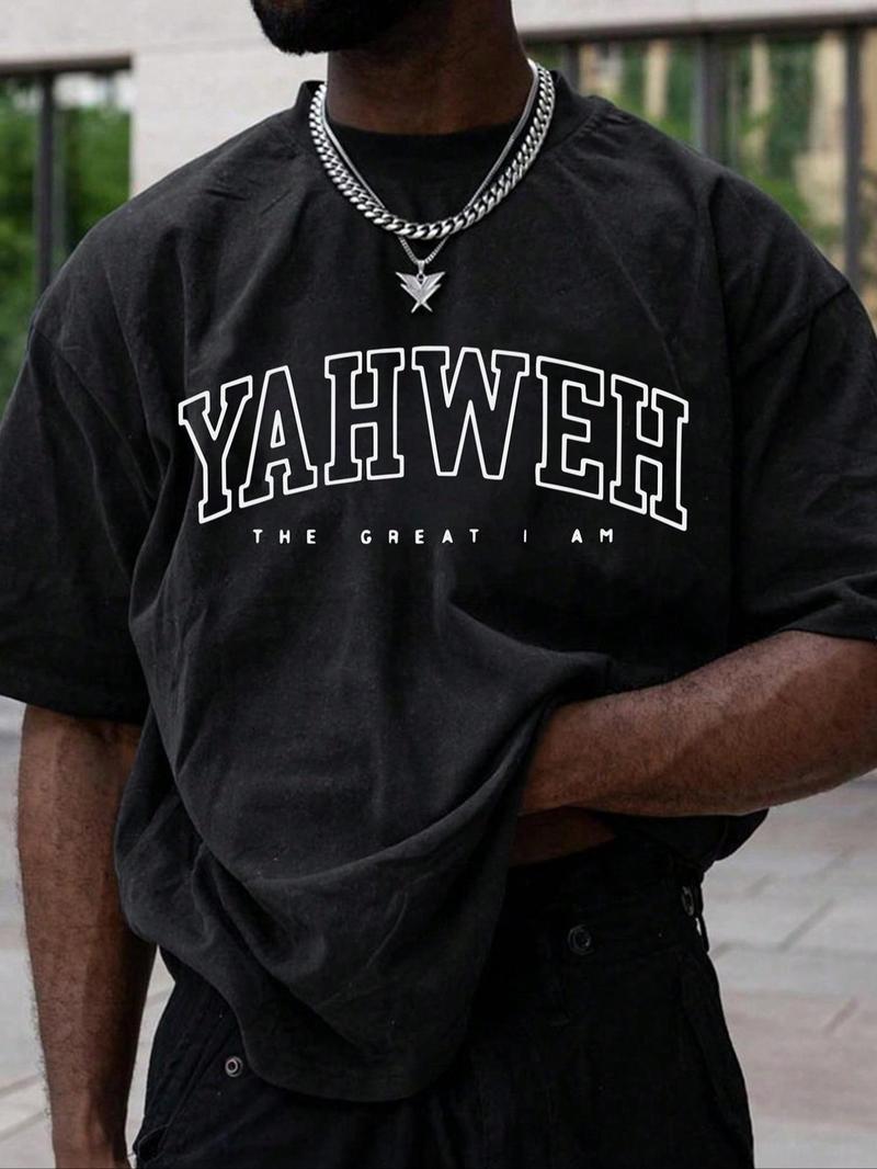 Men's Letter Print Drop Shoulder Tee, Regular Fit Casual Short Sleeve Round Neck T-Shirt for Summer, Fashion Men's Top for Daily Wear, Casual Fit Streetwear