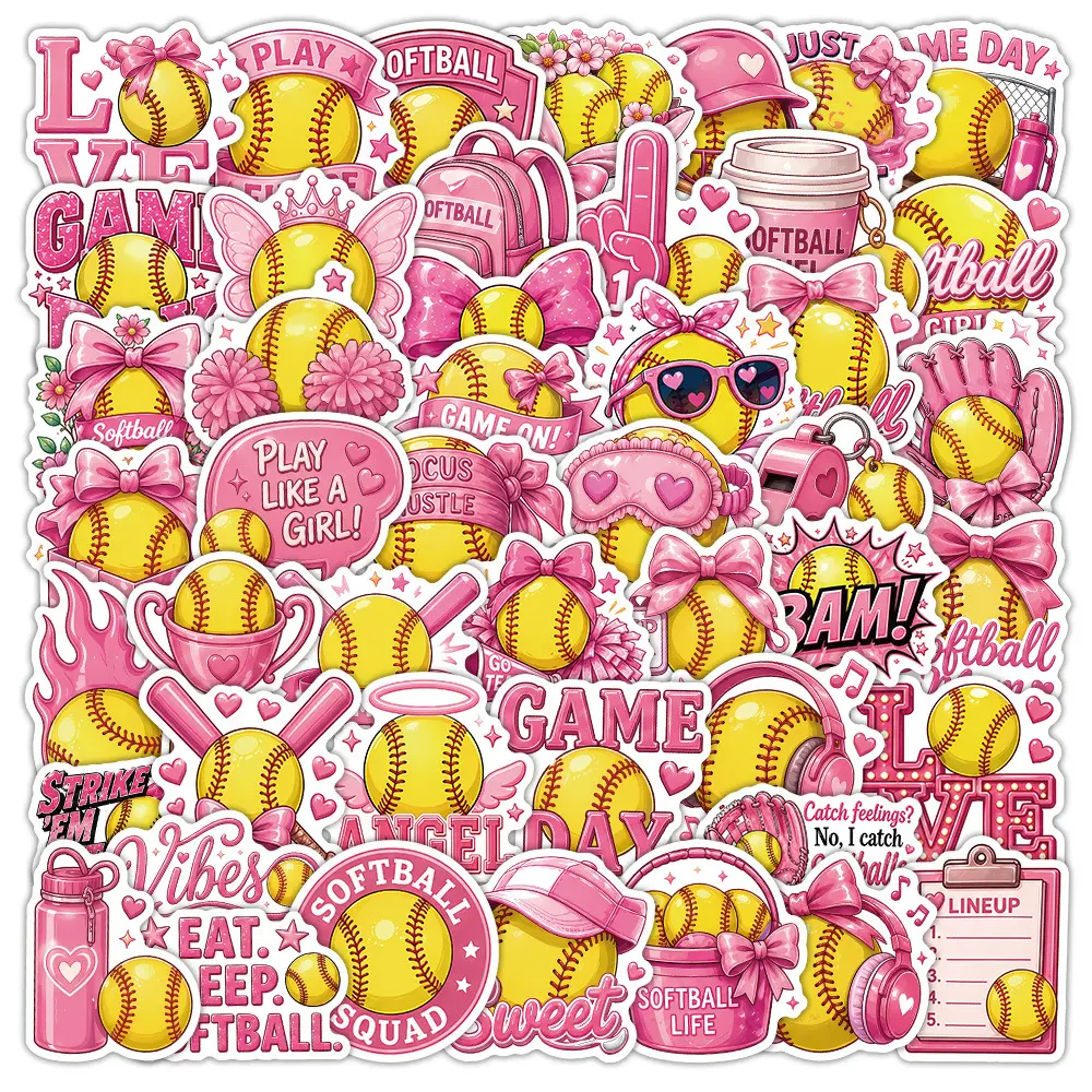 50pcs Yellow and Pink Softball Office Stickers for Notebooks, High-Value, Positive Energy Gifts for Decorating Journals, Scrapbooks, Computers, Water Bottles, Cars, Etc.