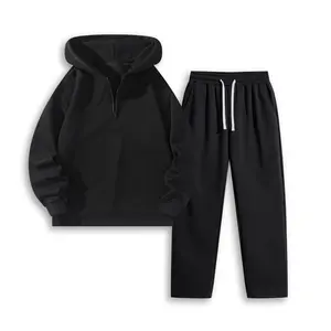 Men's 2 Piece Solid Tracksuit, Half Zip Pullover Hoodie & Drawstring Straight Leg Sweatpants Set, Loose Long Sleeve Casual Sweatsuit with Pockets, Soft Breathable Streetwear Outfit for Daily Walking, Sports Training, Outdoor Leisure