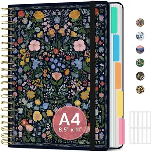 Large Lined Spiral Journal for Women, Cute Hardcover 5 Subject Work Notebook 8.5"x11", with Removable Dividers & Tabs, College Ruled 280 Pages Aesthetic Journal for Work School Note Taking, Garden of Whimsy