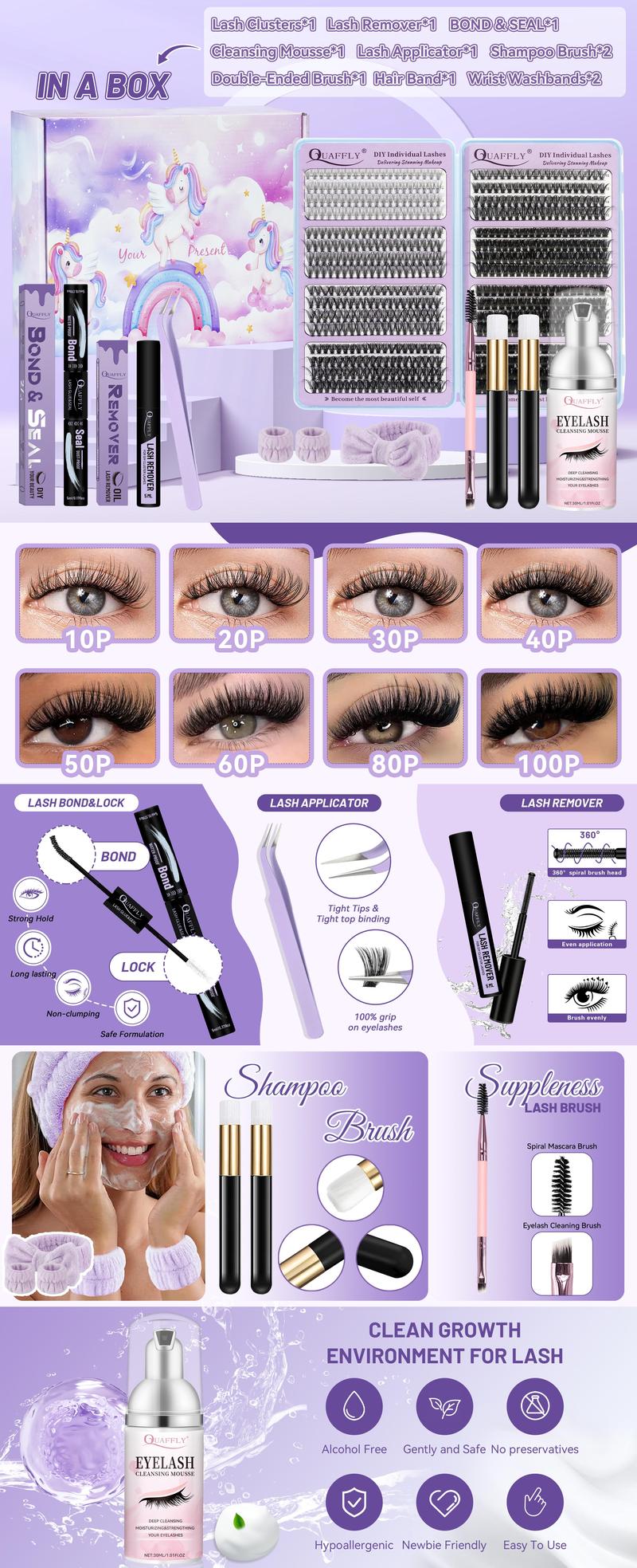 Natural Eyelash Extensions Kit, 1 Set Mixed Length Individual False Eyelashes with Glue, Remover, Eyelash Curler, Headband, Makeup Tool for Beginners, Christmas Gift, Eyelash Glue Extension, Eyelash Enhancements, Christmas Gift Ideas, DIY Cluster Lash