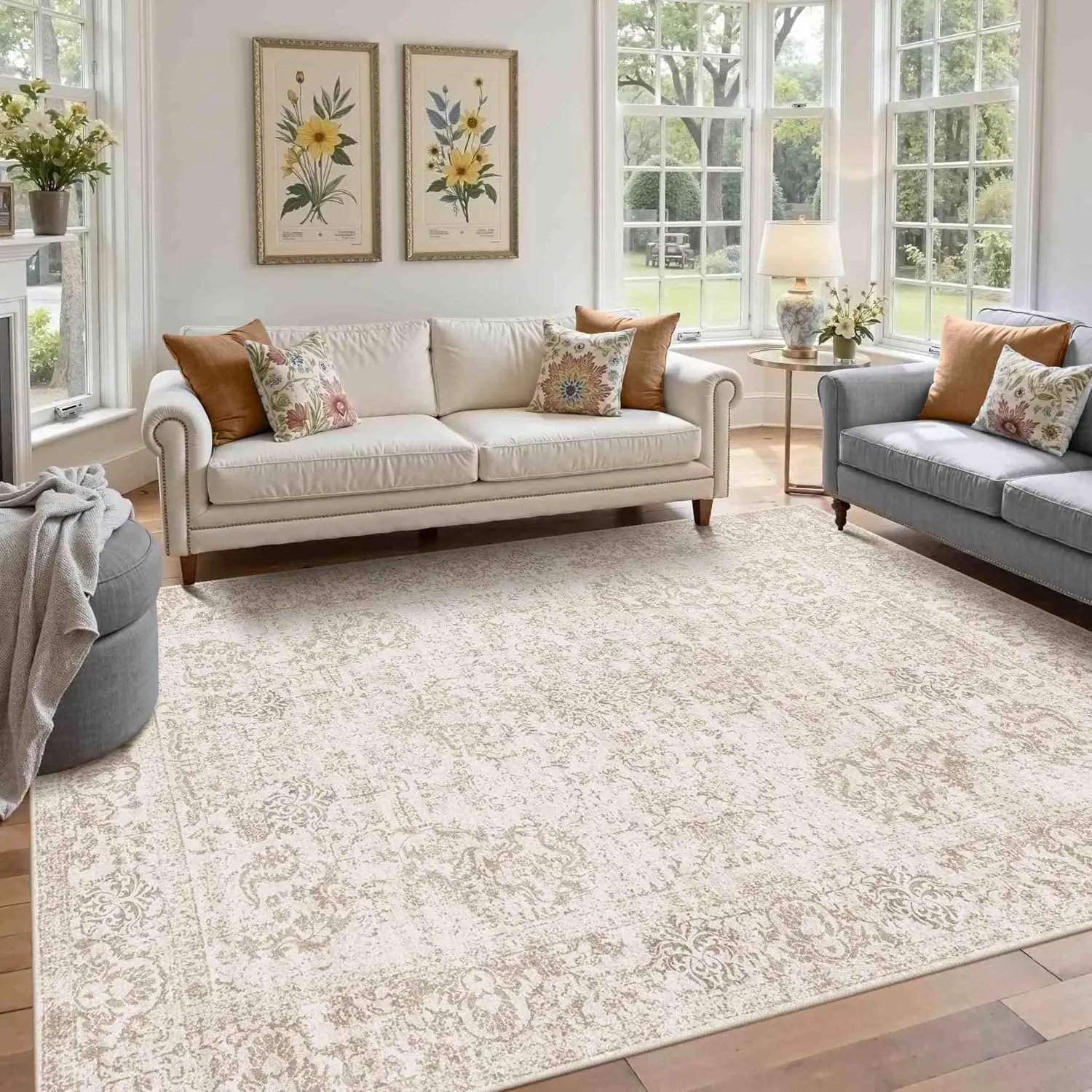 5X7 Washable Area Rug for Living Room, Vintage Neutral Large Boho Rugs for Office, Dining Room, Kids Room, Farmhouse, Low Pile Non Slip Carpet for High Traffic Areas, Light Bown