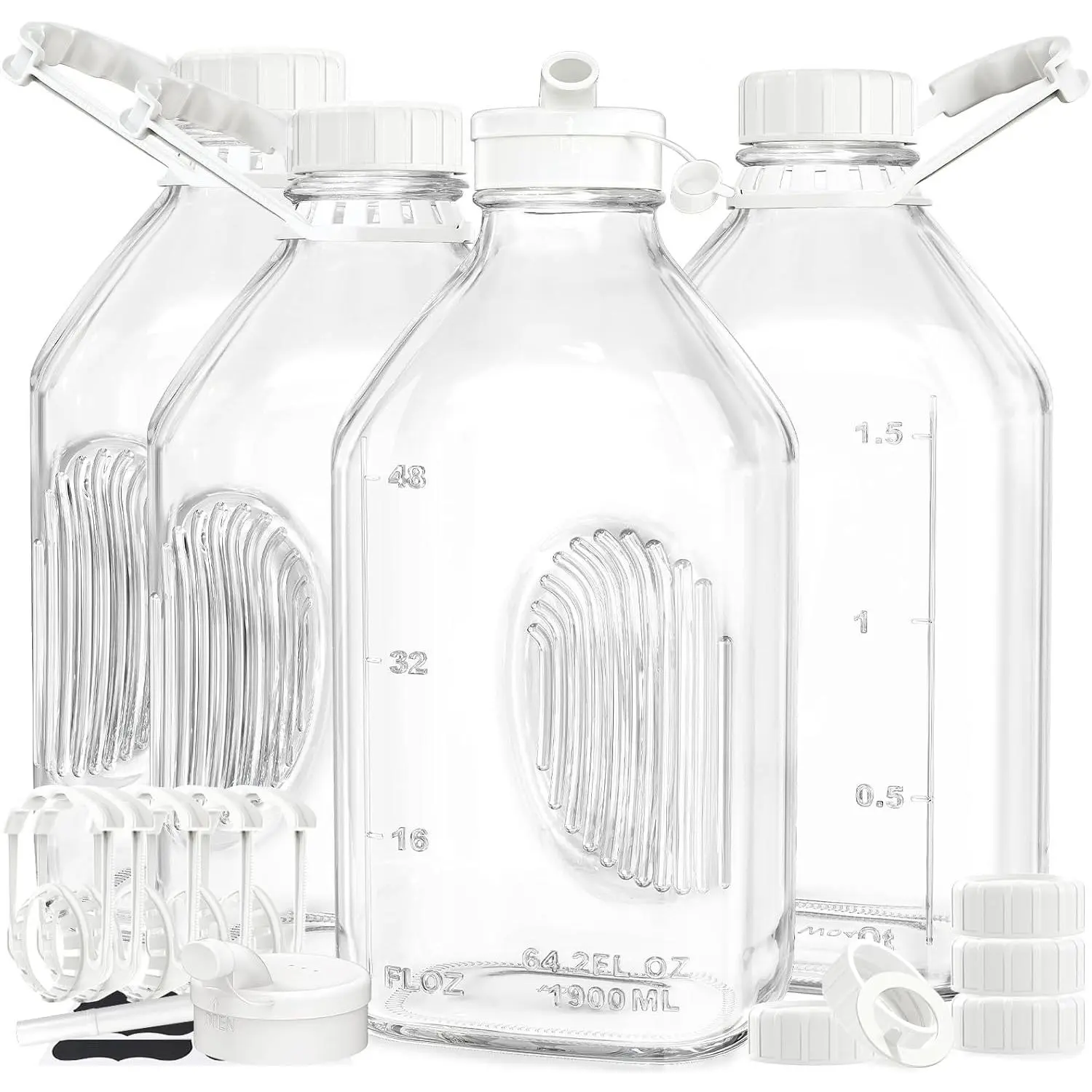 Set of 4 2-quart glass milk jugs, with handles and a reusable sealing screw cap, 1/2-gallon glass water and juice bottles, with 2 spout openings, 64-ounce milk jug with measuring scale
