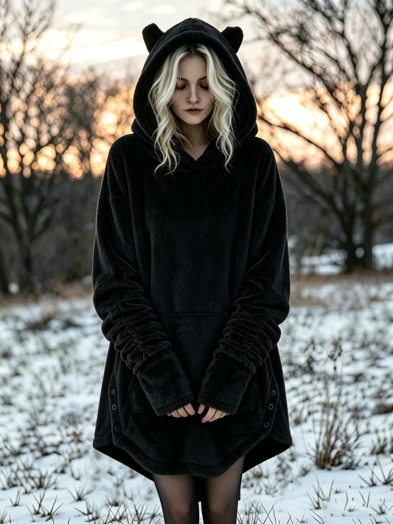 Soft Plush Knit Pullover for Women, Loose Fit Round Neck Long Sleeve, Warm Flannel Cartoon Pattern, All-Season Casual Hooded Top