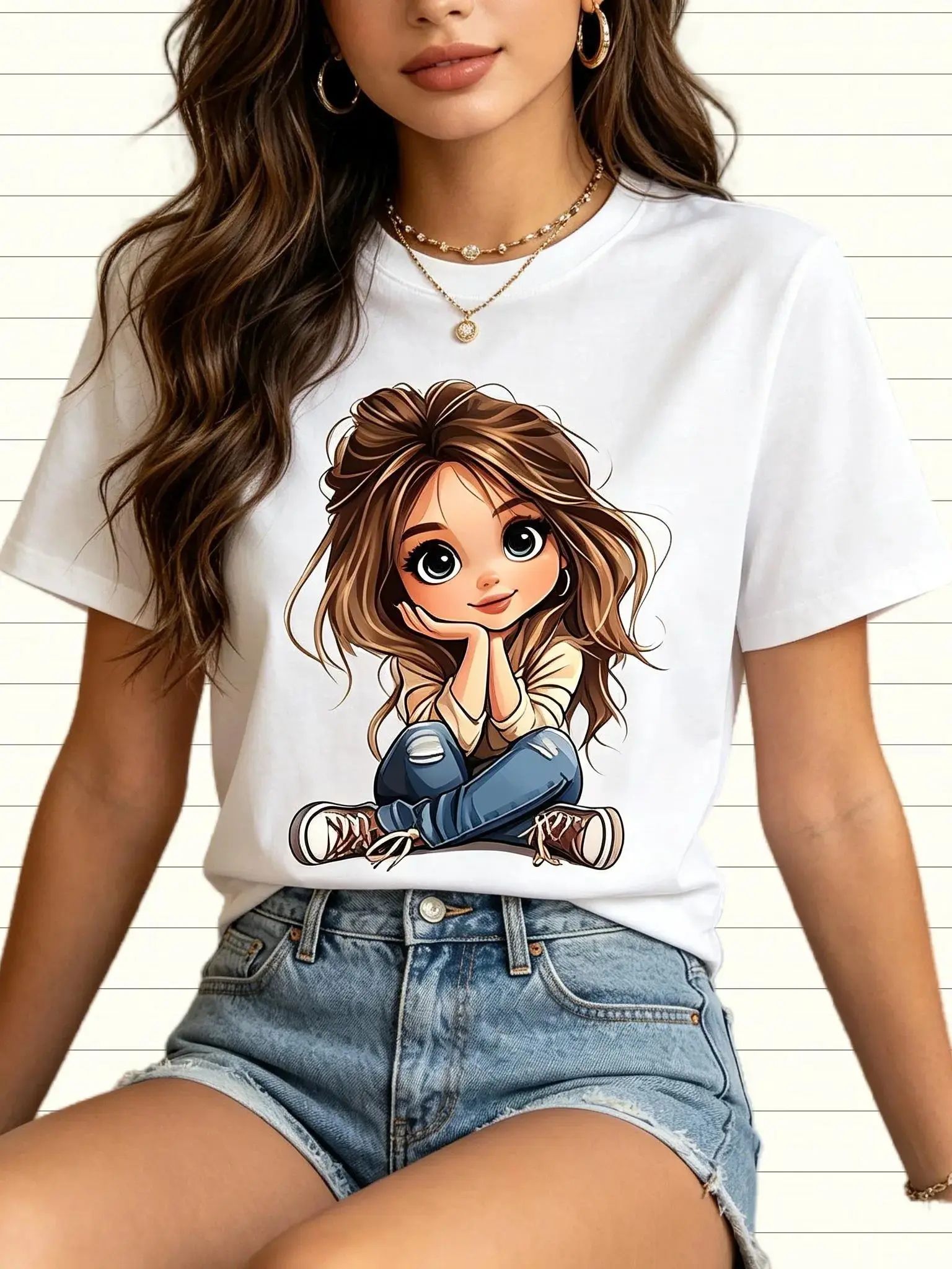 Women's Graphic T Shirts - Soft Cotton, Cute Cartoon Girl Print, Round Neck, Fitted Cropped Short-Sleeve, All Seasons Casual Daily Top, Machine Washable, XS-3XL, Cartoon Print, T-Shirt