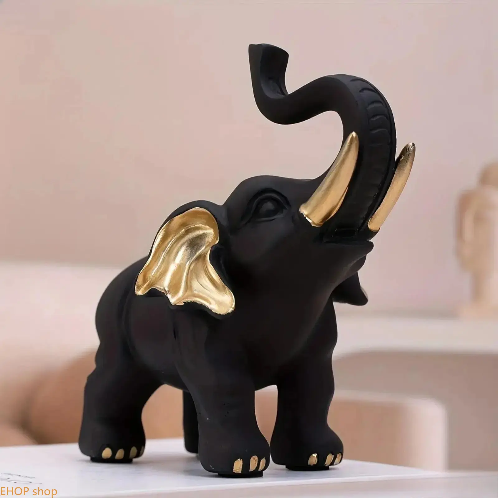 Traditional Black-Gold Resin Elephant Figurine - Chinese Feng Shui Luck Symbol Animal Decor, Explosive A5B Black Longnose Elephant, Elegant Desk/Room Ornament, Stylish Home Accent, Ideal Housewarming Gift