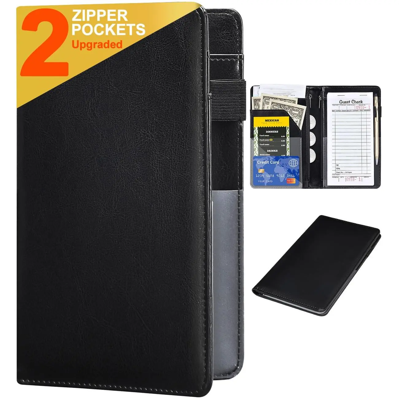Server Books for Waitress - Leather Waiter Book Server Wallet with Zipper Pocket, Cute Waitress Book&Waitstaff Organizer with  Pocket Fit Server Apron(Classic Black)