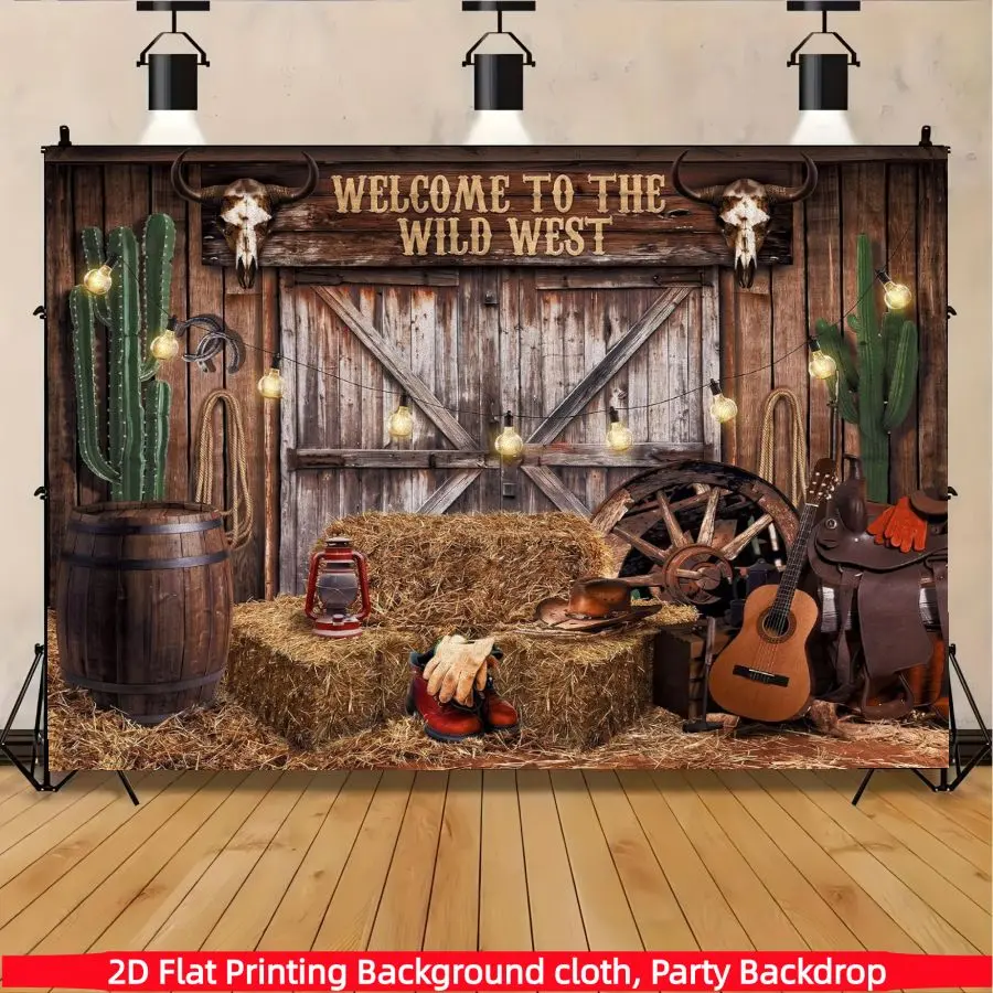 Vintage barn western country cowboy themed background banner, Decorative banner, made of polyester, suitable for birthdays, anniversaries, home decor, outdoor and indoor parties, photography background fabric, party decoration supplies