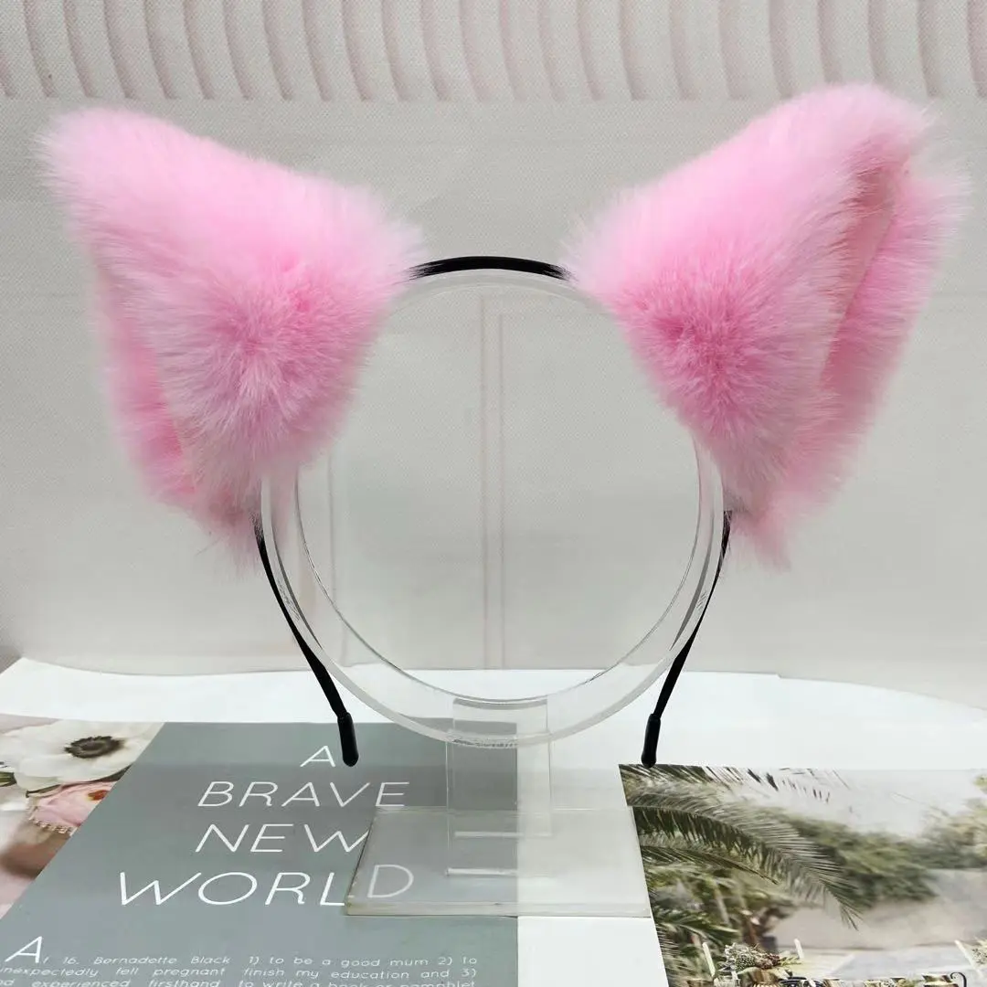 Pink Cat Ears Headband Fluffy Faux Fur Animal Fox Hairband Cute Anime Cosplay Accessories for Halloween Costume Christmas Party Girls Women Gift