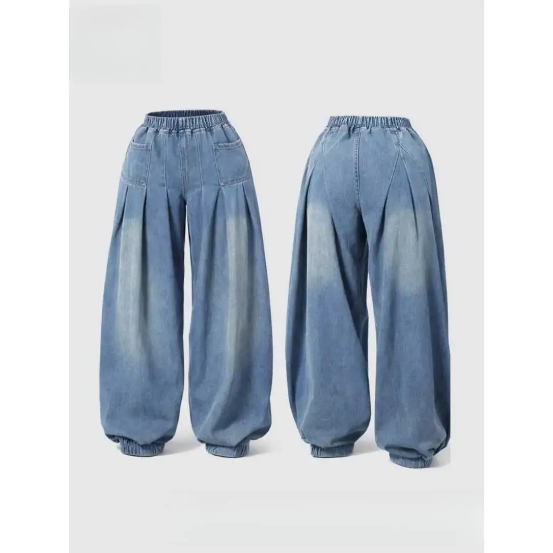 Women's Modal Blend Denim Wide-Leg Jeans - Oversized Loose Wide-Leg Cut Bottoms with Elastic Waist, Baggy Slouchy Trousers for Casual Everyday Wear, All Seasons Use