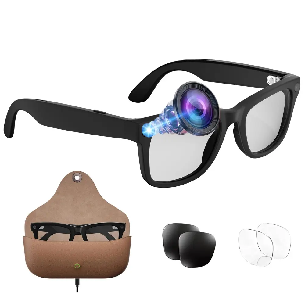 Smart Glasses for Translation,8MP Camera,One Click Recording, 3280*2464Pixel Photo Capture, Hands-free Bluetooth Calling, Music Playback,Leather Charging Case, 2GB Memory,300Mah Battery, IP65 Waterproof, AI Translation (26 Languages), 2 Lenses Total
