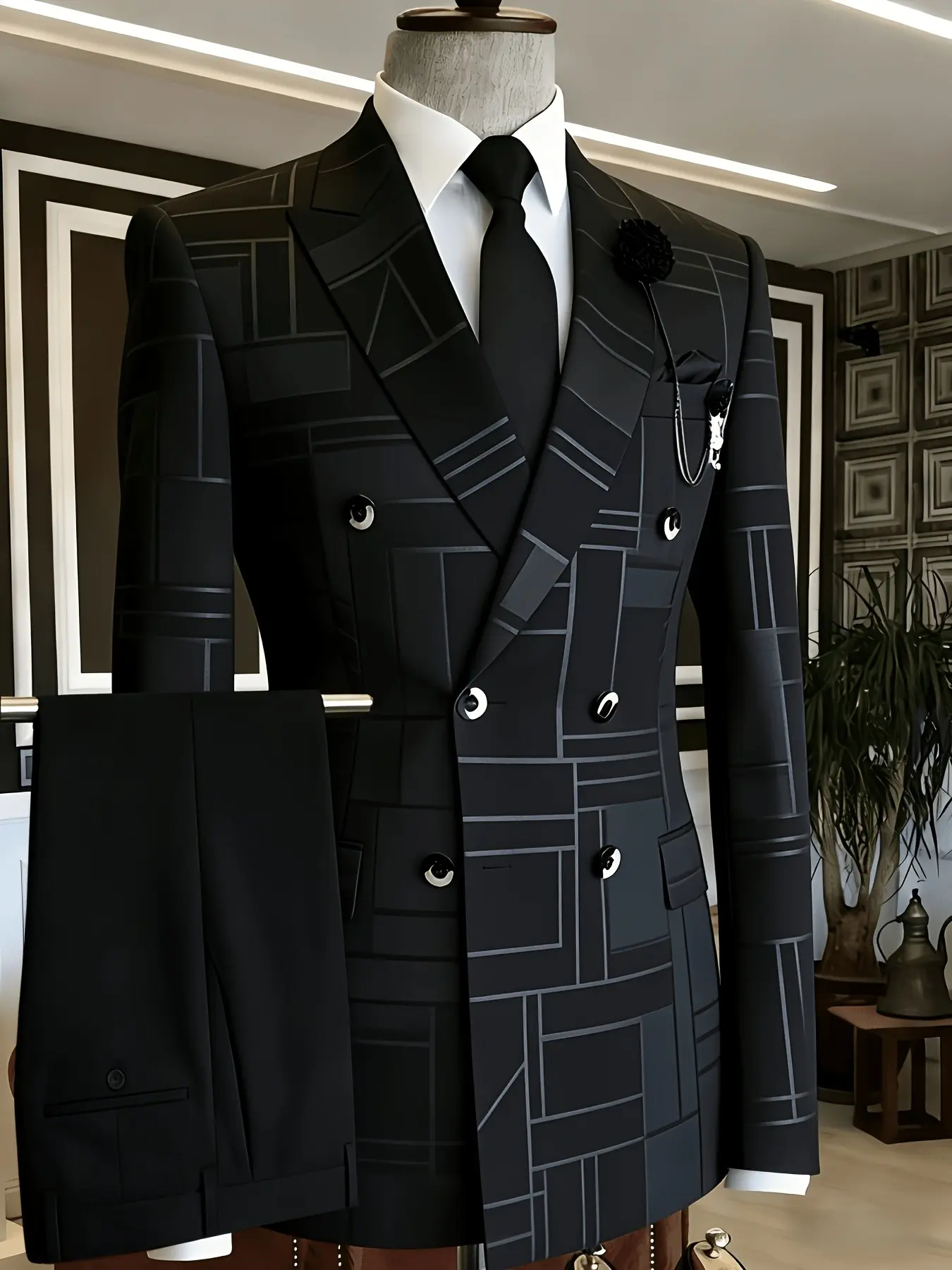 Ainwear Plus Size Men's Geometric Print 2-Piece Suit, Double Breasted Blazer & Pants, Formal Tuxedo for Weddings, Parties, Events