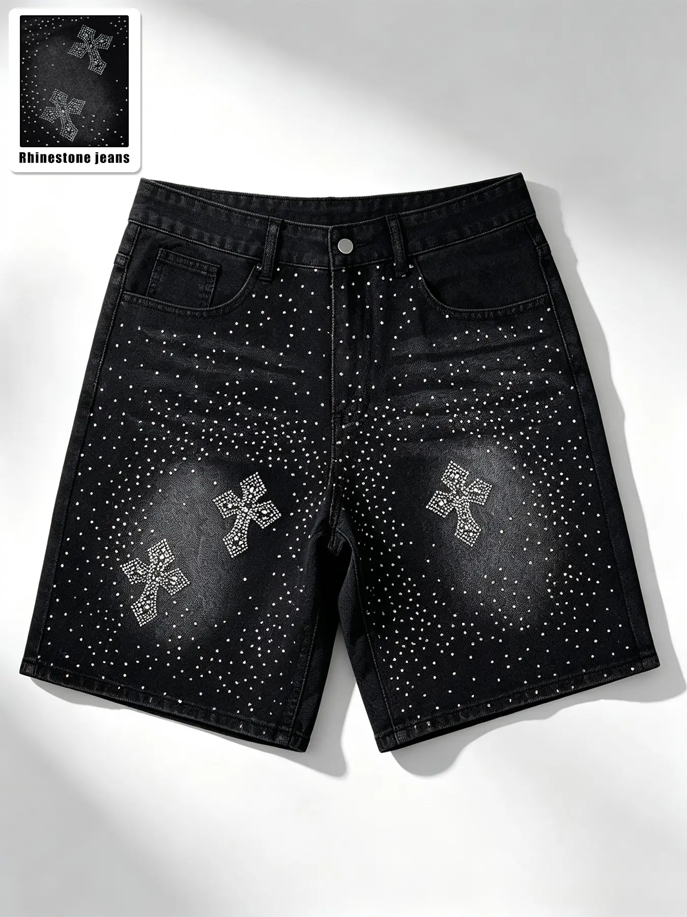 Men's Washed Cross Rhinestone Jeans Shorts, Loose Wide Leg Y2K Hip Hop Shiny Streetwear, Trendy Casual Denim Bottoms