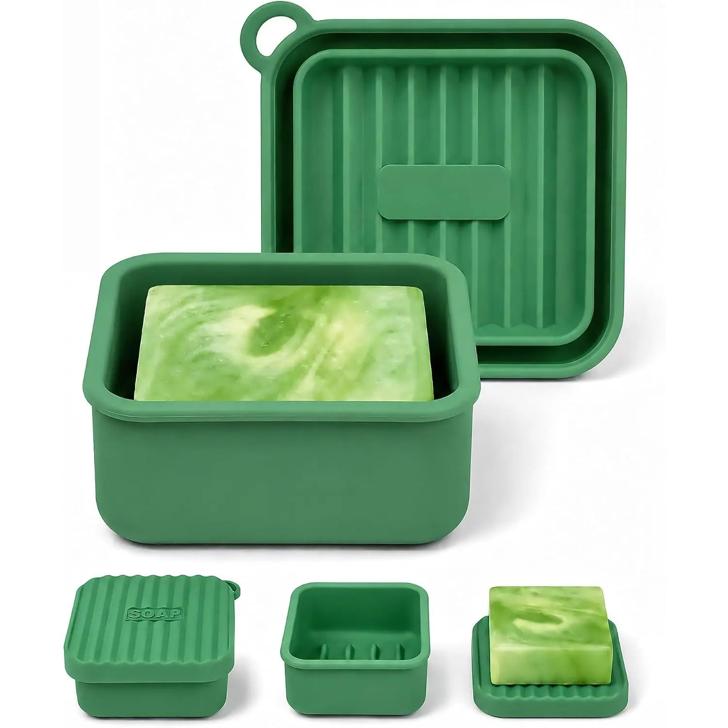 Leakproof Square Travel Soap Case with Silicone Seal for Soap and Shampoo Bars, Raised Ridges for Drainage, Dark Green