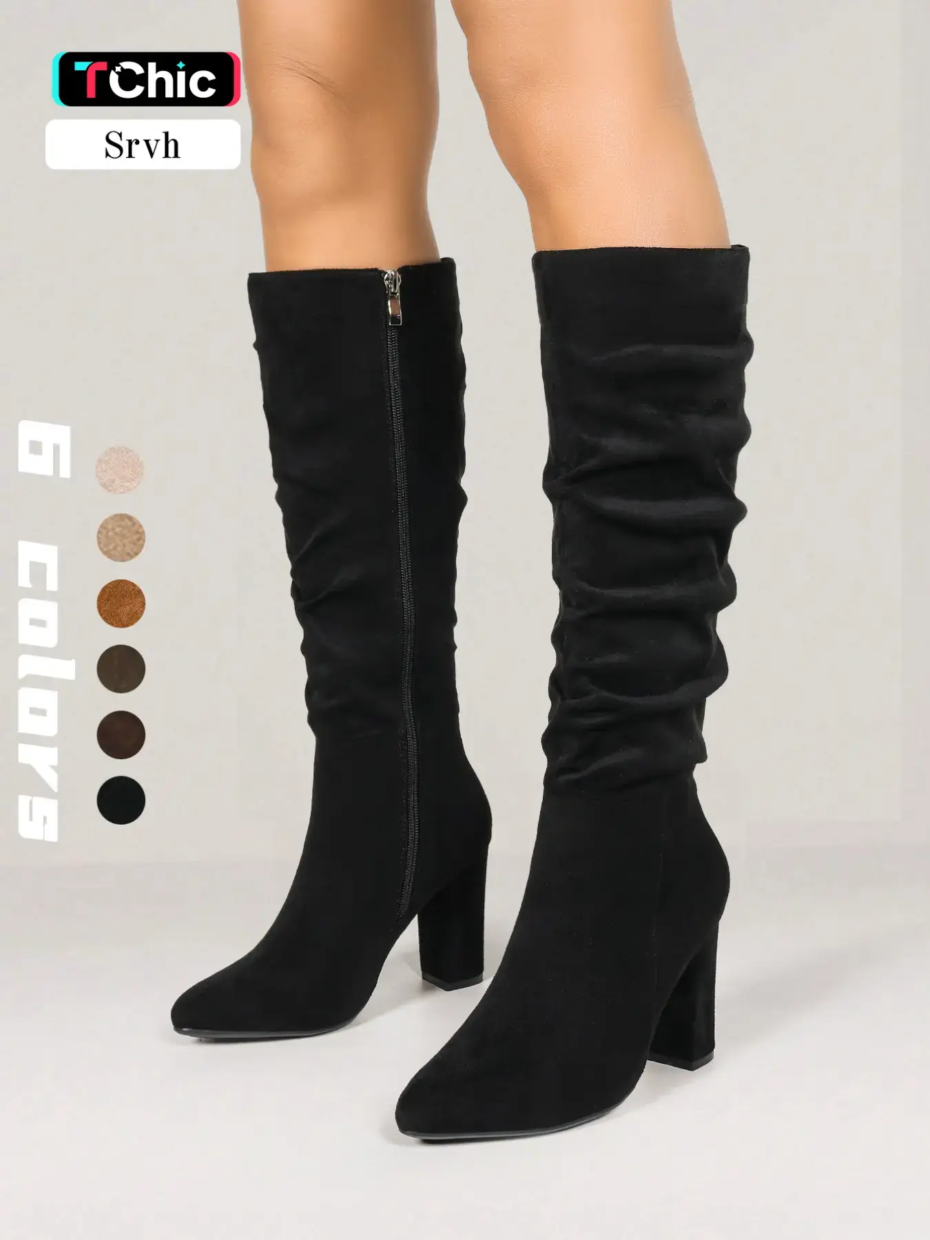 Women's Slouchy Knee High Block Heel Boots, Faux Suede Soft Pointed Toe Tall Boots with Side Zipper, Retro Effortless Chic Style, Comfortable Fall Winter Footwear, Versatile Staple for Work, Dates, Parties & Daily Wear