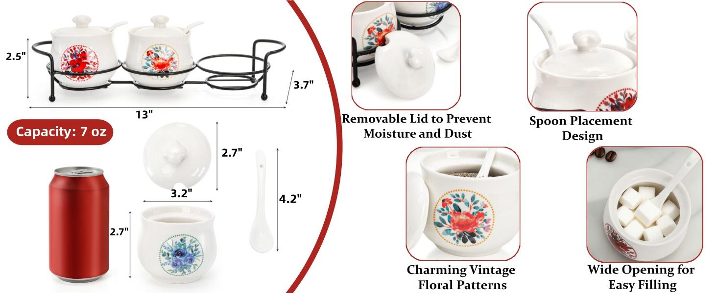 3 Pcs Ceramic Condiment Jars, 7 Oz Small Sugar Bowls with Lids Spoons and Shelf, Round Spice Container Pot Set for Salt Pepper, Empty Seasoning Box for Kitchen Restaurant Home, White