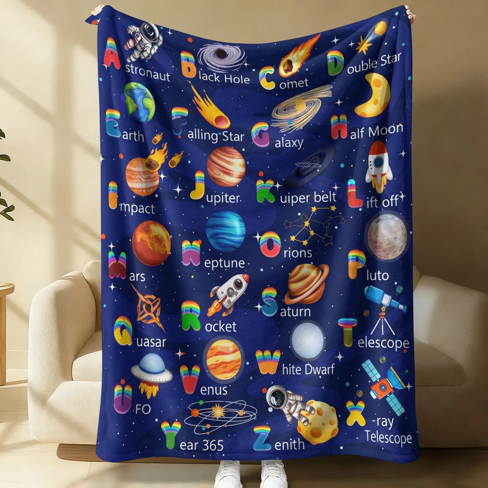 Space Planet 26 Alphabet Flannel Blanket, Space Science Illustrations, Warm Breathable All Seasons, Universe Starry Sky Early Education Nap Mat/Sofa Throw/Decorative Blanket for Boys and Astronomy Enthusiasts, Home Decor Blankets