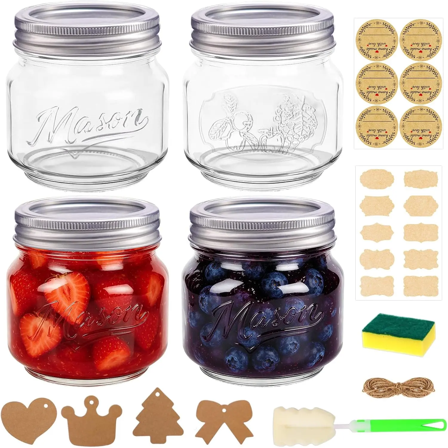 8 oz Mason Jars with , 4 Pack Half Pint Canning Jars | Small Glass Jars with Embossed Fruit  for Jam, honey, gifts, Wedding & Party Favors, Candle Making and DIY Crafts