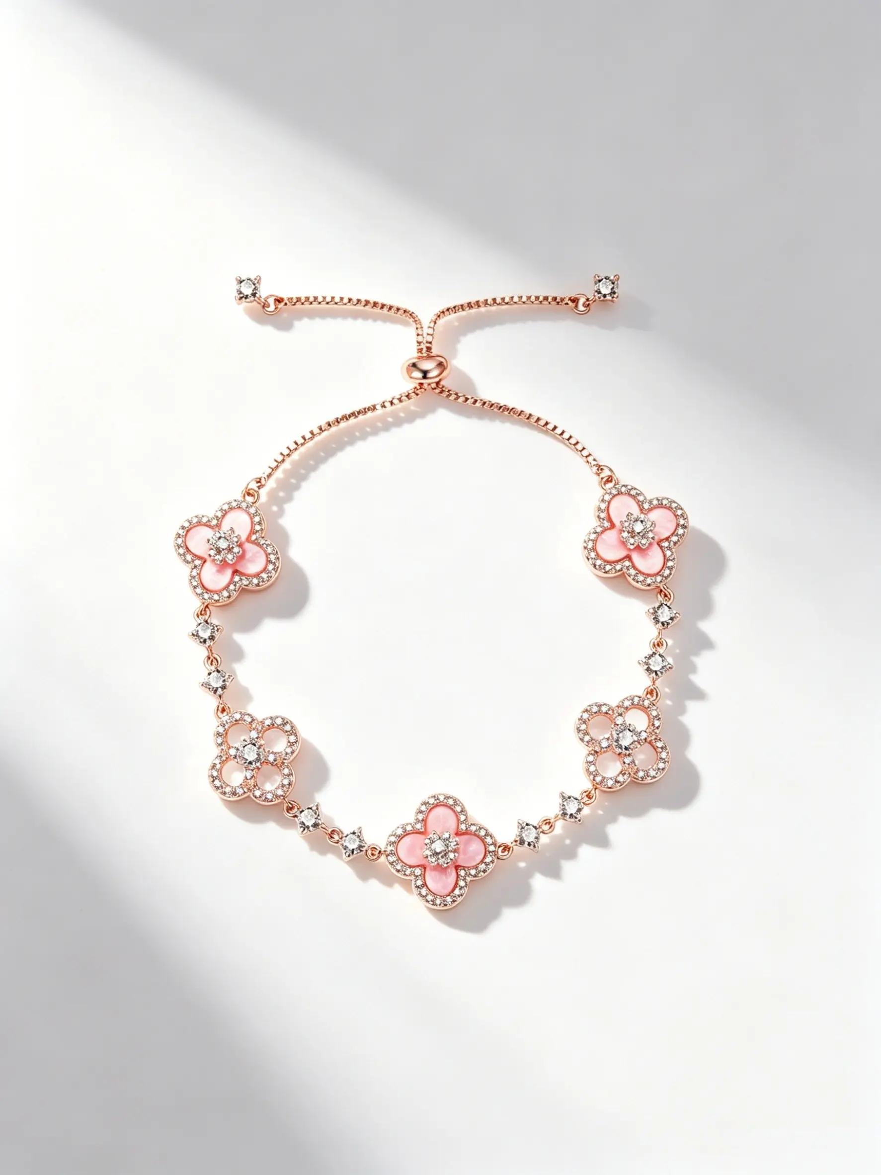 1pc Lucky Pink Four-Leaf Clover Bracelet, Rose Gold Plated Adjustable Slider Bangle, Pink Shell & Cubic Zirconia Charm, Luck & Prosperity Jewelry, for Women, Daily Wear, Party, Gift Idea, Flower Design Bracelet