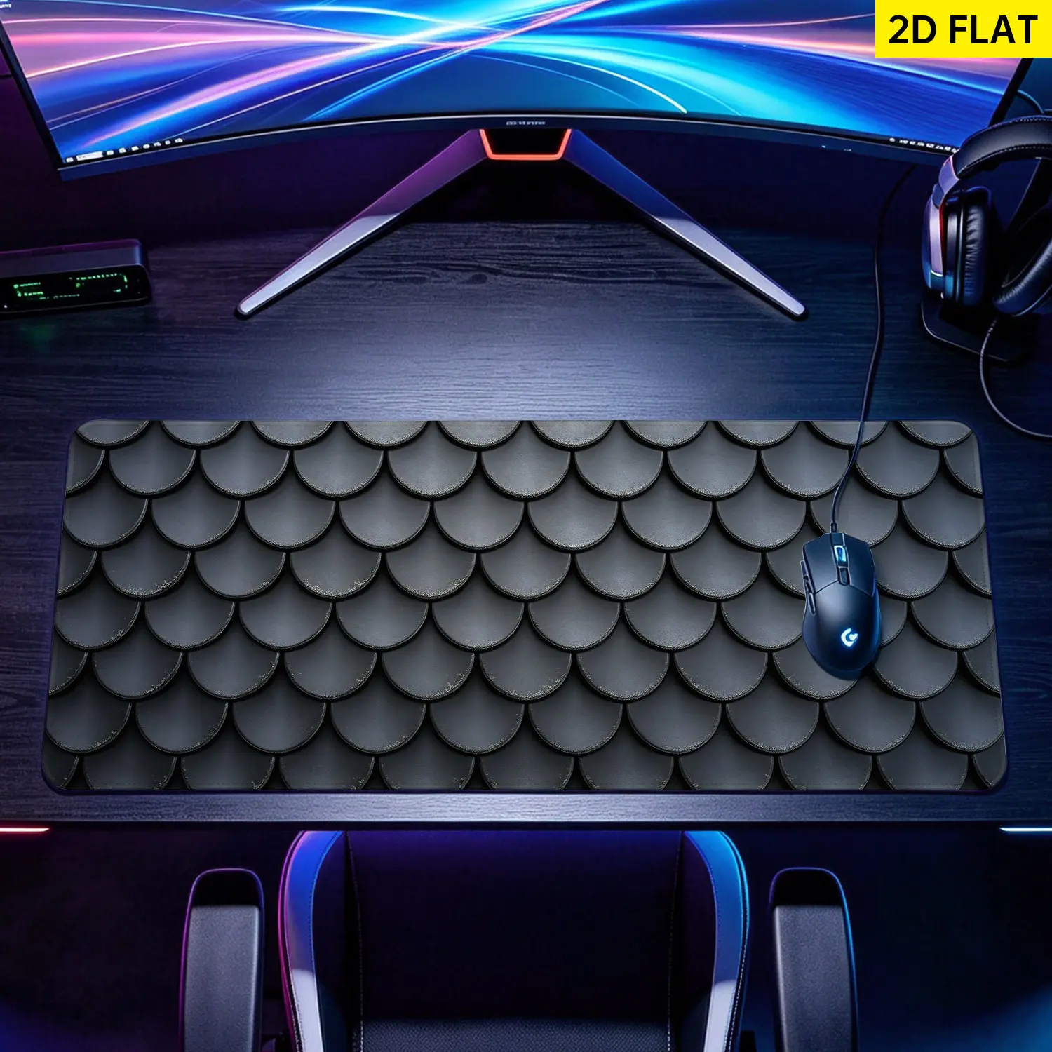 Extra Large Black Metallic Scale Pattern Mouse Pad with Non-Slip Rubber Base, Multi-Size, Lock Edge, Washable, Precision Move for Gamers/Office, Desktop Protection & Decoration, Premium Multipurpose Desk Pad Gift