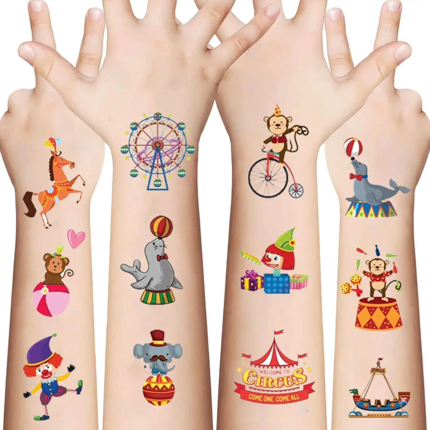 10 Carnival Cartoon Temporary Tattoos, Clown, Magician, Elephant, Hot Air Balloon, Ferris Wheel, Tent, Party Gifts, Kids' Toys