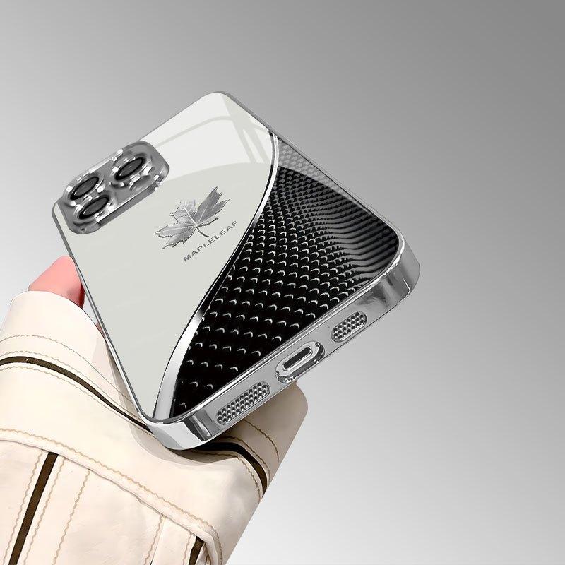 Tech-inspired curved silver maple leaf pattern electroplated high-definition glass phone case for iPhone 17 16 15 14 13 12 11 pro max, stylish protective case, luxurious glass case, suitable as a gift for friends and couples