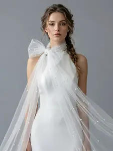Romantic French Artificial Pearl Net Veil Headpiece, 255cm Long Wedding Chair Back Decoration, Bridal Gown DIY Versatile Scarf Accessory