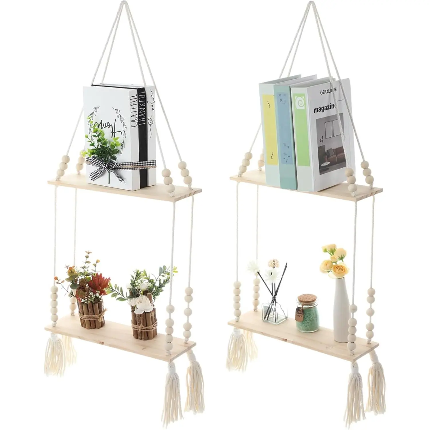Chunful 2 Pack Macrame Wall Hanging Shelf 2-Tier Boho Wooden Display Floating Shelf Wooden Rustic Plant Rope Hanger Rack with Beads and Tassel for Wall Decor Bedroom Dorm Nursery Living Room Bathroom