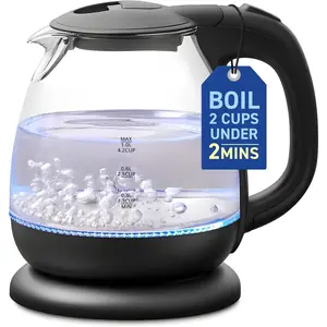 Electric 1.0L BPA-Free 1100W Glass Kettle Cordless 360 °   Base, Stylish Blue LED Interior, Handy Auto Shut-Off Function – Quickly Boil Water For Tea & More, Black