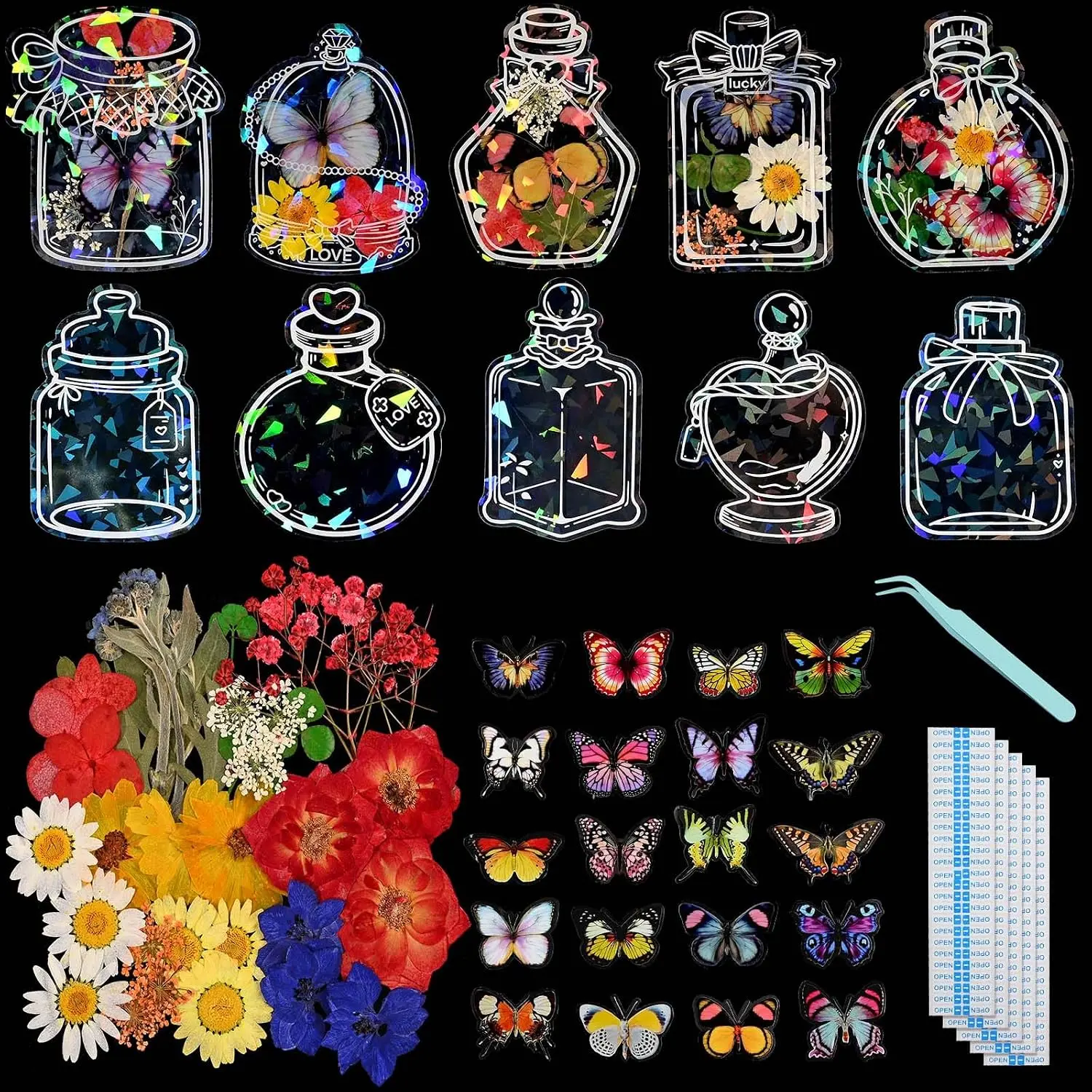 97 count Transparent Flower Bookmark Craft Kit  Dried Flower Bookmark Kit Bottle Bookmarks Butterfly Stickers Pressed  for School Book Lovers Birthday Gifts