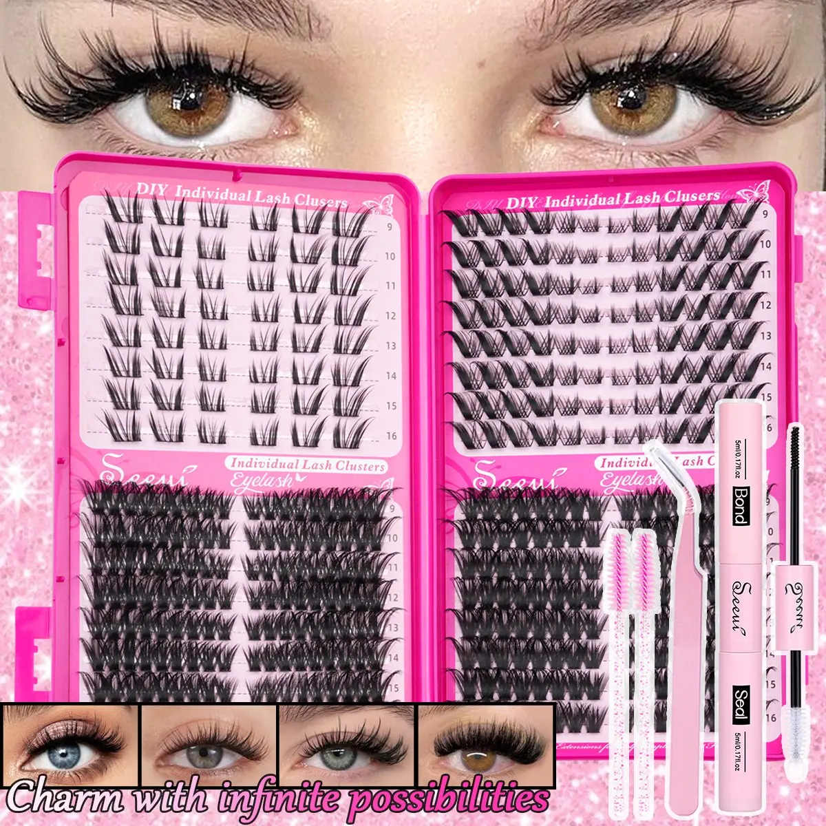 Cat Eye Lash Clusters Kit, Left&Right Lashes, 4 Styles Foxy Lash, Fluffy False Lashes, D Curl, Individual Lashes Thick Cluster Lashes, Faux Mink, Includes Bond&Seal, Brushes and Tweezers, Beginner Friendly, Easy DIY Salon Look at Home, DIY False Eyelashes