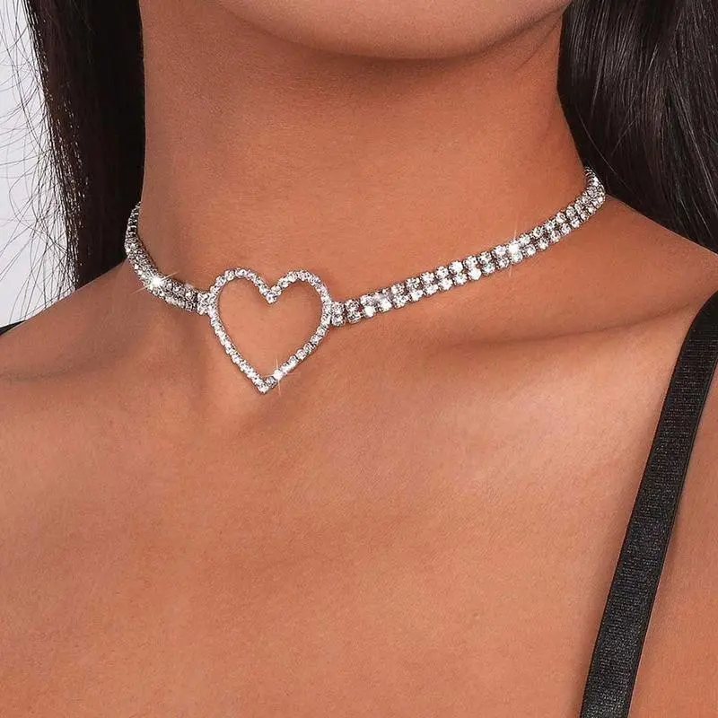 Rhinestone Choker Necklaces Silver Heart Sparkly Tennis Chain Adjustable Neck Jewelry for Women