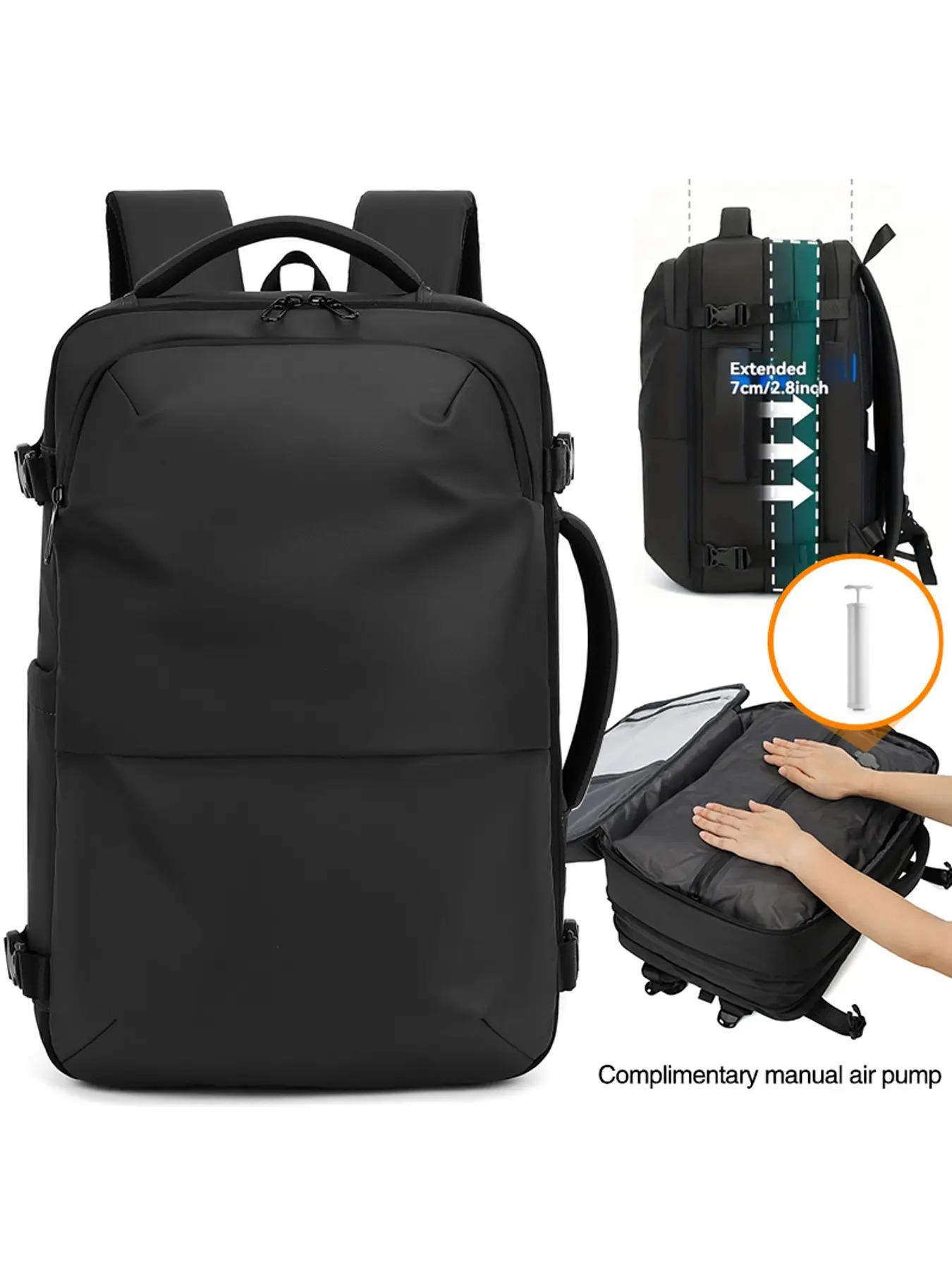 Expandable Vacuum Compressed Travel Backpack, Multifunctional Travel Backpack, for 17-Inch Laptop, 180° Open Design, Manual Air Pump, Large Capacity Business Weekend Bag, Men's Travel Commute