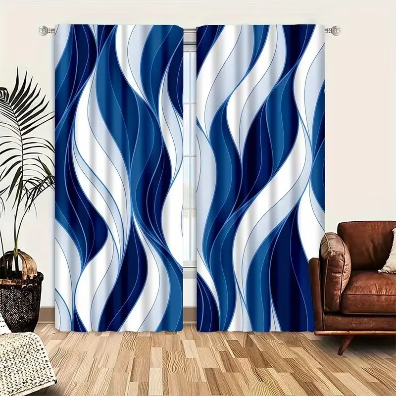 2 Piece Polyester Geometric Curtain Set, Blue Curve Pattern Rod Pocket Drapes, Window Curtain, Home Decoration Curtain, Bedroom and Living Room Decor
