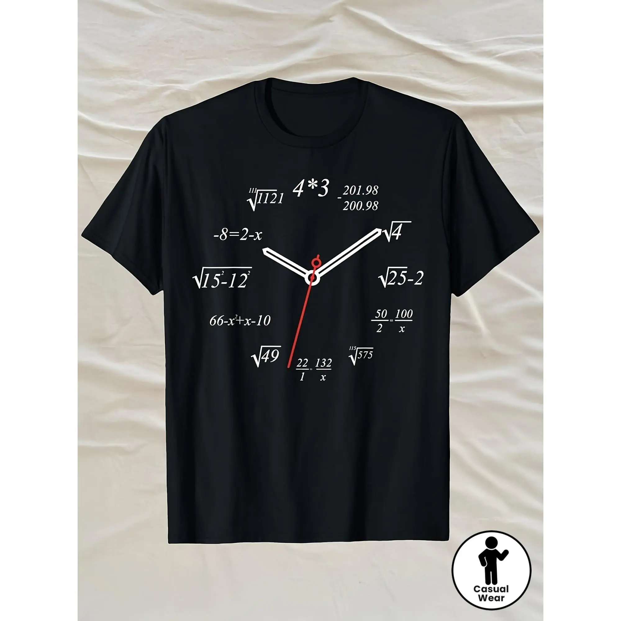Men's T-Shirt with Fun Math Clock Print, Casual Crew Neck Short Sleeve 100% Cotton Knit Top for Teachers & Students, Shortsleeve, Menswear, Stretch