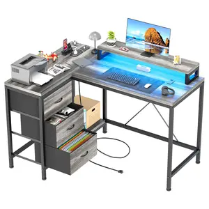 GARVEEL Shaped Desk with Power Outlets & LED Lights, Computer Desk with Drawers & Shelves, Corner Desk Gaming Desk Home Office Desk, Oak