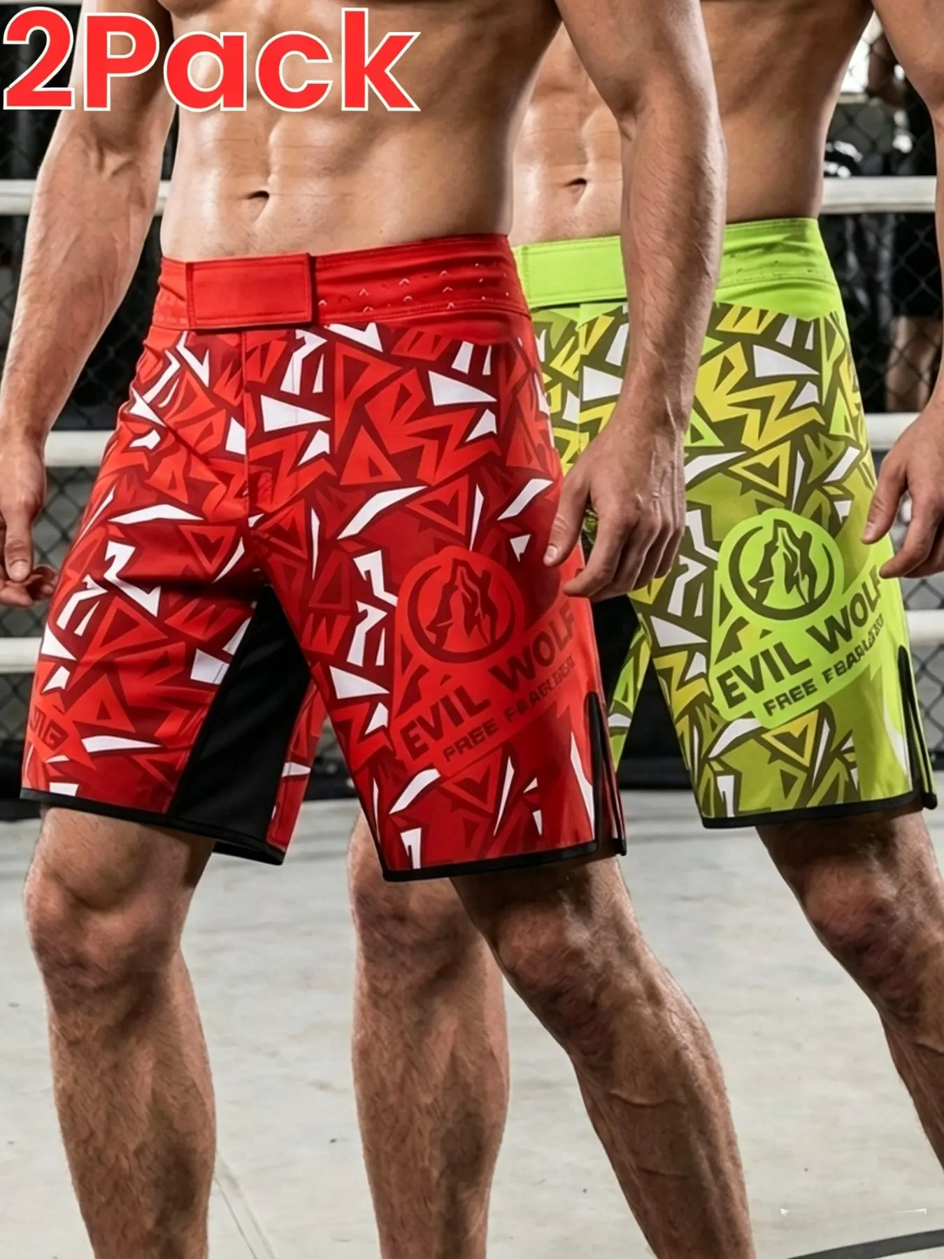 2-Pack Men's Professional MMA Shorts, Muay Thai Shorts, Quick Dry BJJ Fighting Combat Shorts, Evil Wolf Graphic Training Shorts with Side Slit