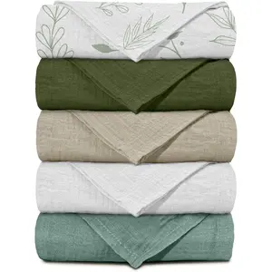 18ACTIVEKITMuslin Receiving Blankets, Neutral Blanket Swaddling for Newborn Boys and Girls, 5 Pack Breathable and Skin-Friendly Swaddle Wrap for Infant Baby (Bright Leaves)