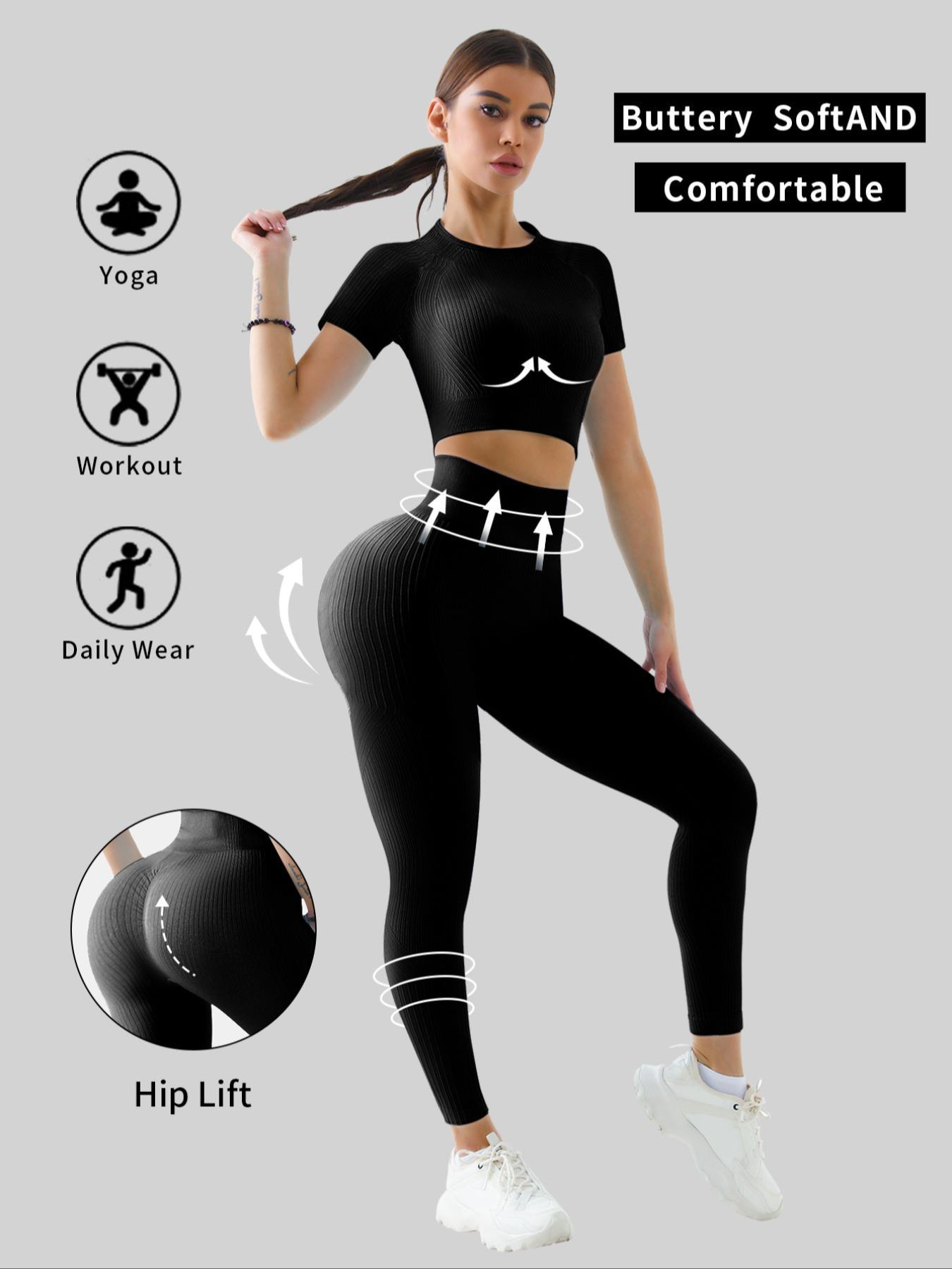 Women's Solid Tracksuit Set, Stretchable Activewear, Sport Raglan Sleeve Crop Top & High Waist Leggings, Summer Clothes Women, Women Tracksuits for Summer