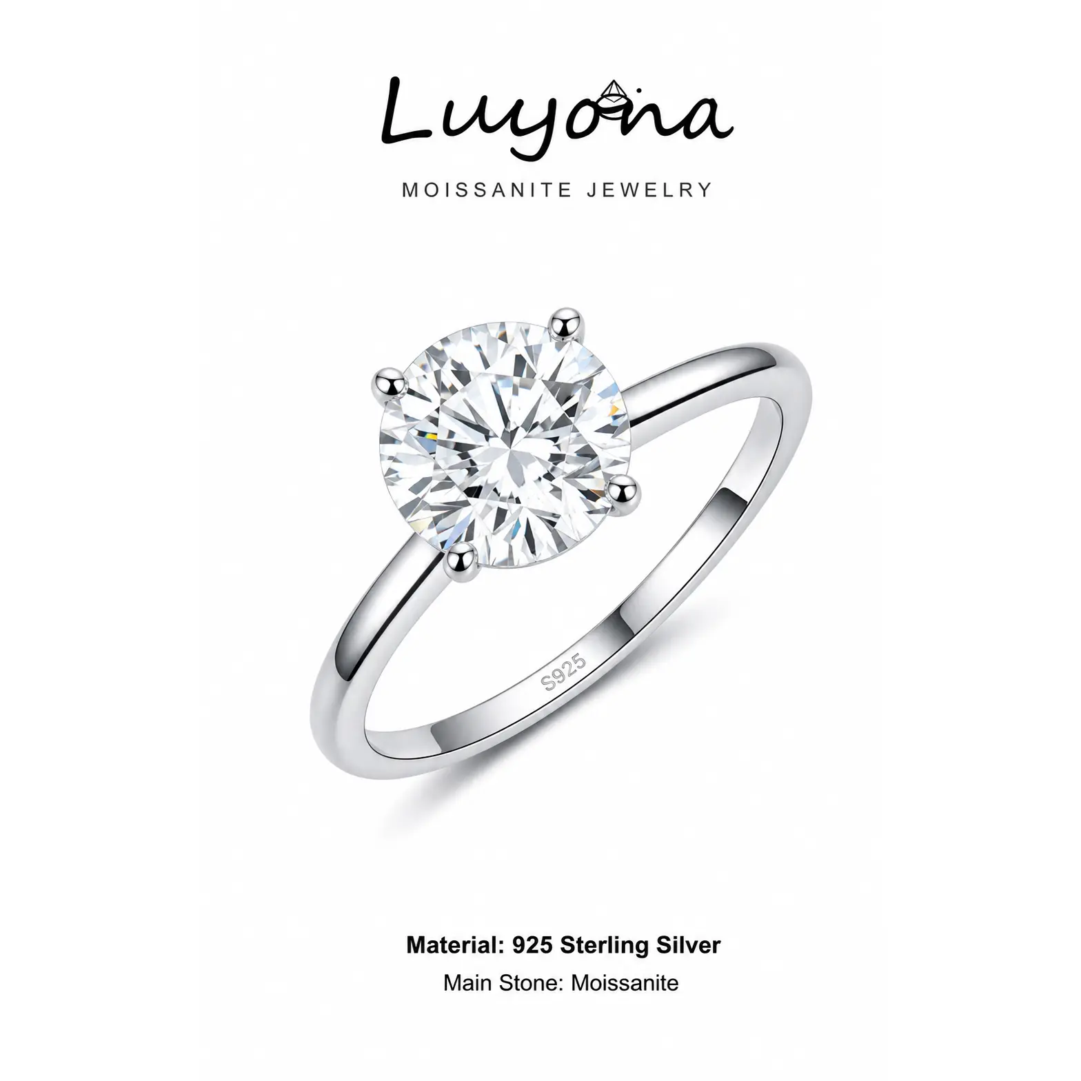 LUYONA  Moissanite Engagement Ring for Women, S925 Sterling Silver 18K Yellow/White Gold Plated Solitaire Ring, D Color VVS1 Round Cut 0.5/1/2/3 CT Promise Wedding Anniversary Jewelry