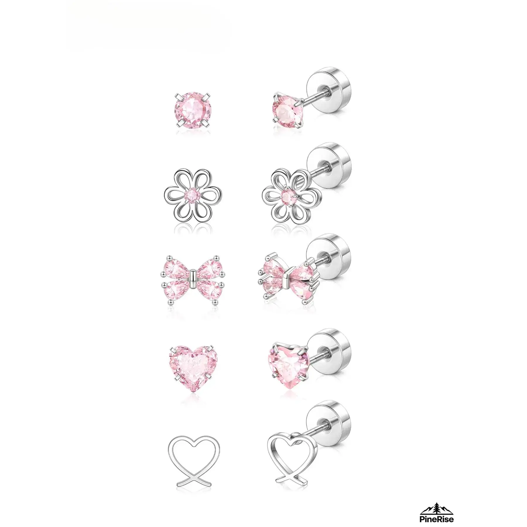 5 Pairs Cute Spiral Stud Earring Set Lightweight Hypoallergenic Stainless Steel Pink Bow Butterfly Heart Flower Zircon Earrings For Indoor Leisure Styling Daily Outfits Party Holiday Gifts